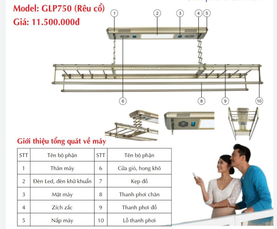 Cấu tạo Giàn Phơi Điều Khiển Từ Xa GLP750 Rêu Cổ
