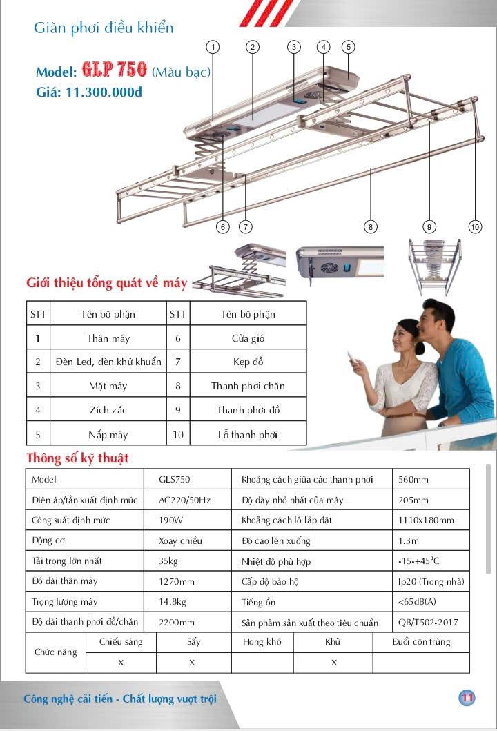 Giàn Phơi Điều Khiển Từ Xa GLP750 Màu Bạc